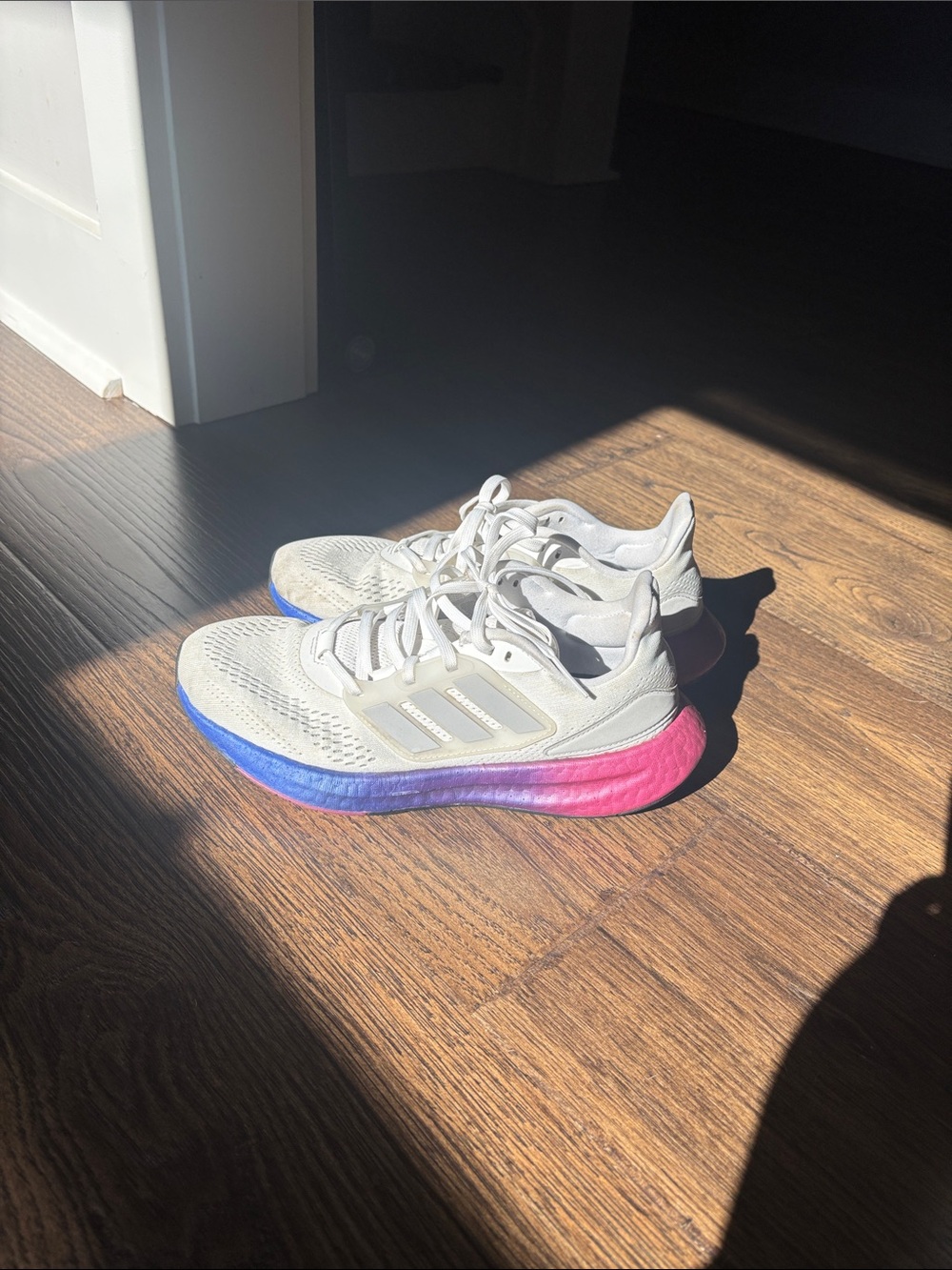 adidas Women's White Running Shoes with Blue and Pink Gradient Midsole